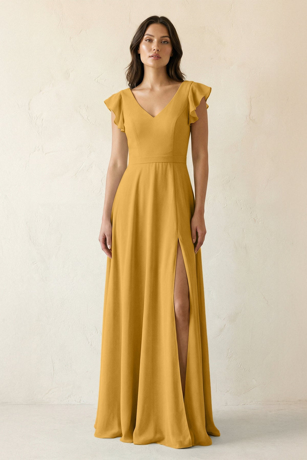 V-Neck Ruffled A-Line Chiffon Bridesmaid Dress in Marigold