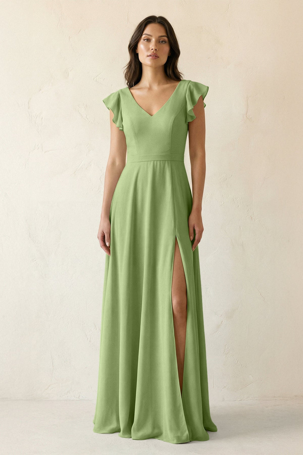 V-Neck Ruffled A-Line Chiffon Bridesmaid Dress in Matcha