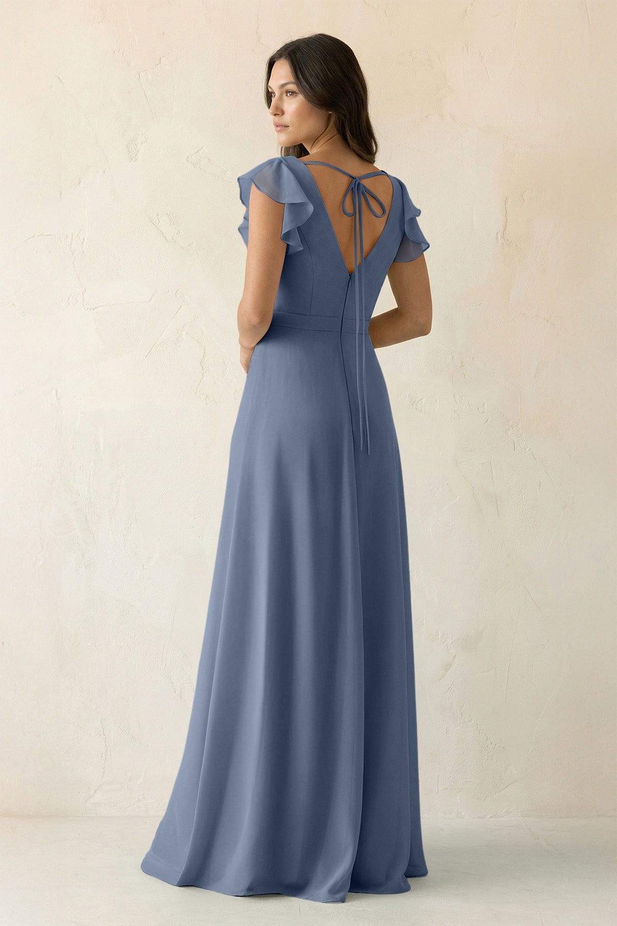 V-Neck Ruffled A-Line Chiffon Bridesmaid Dress in Neptune