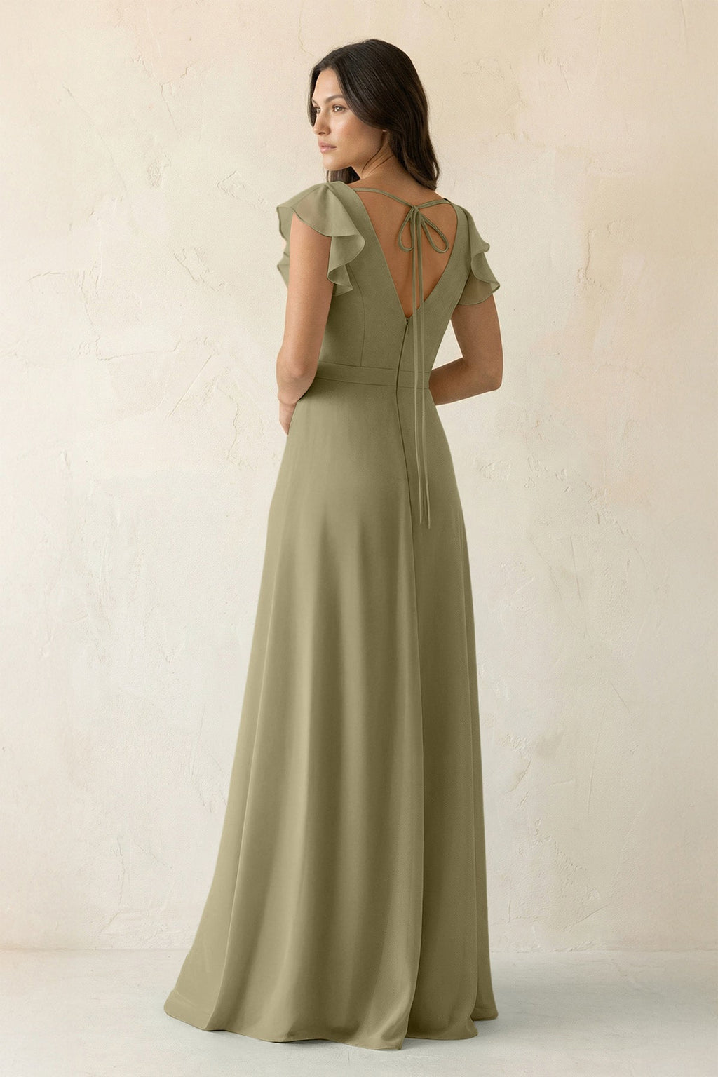V-Neck Ruffled A-Line Chiffon Bridesmaid Dress in Thyme