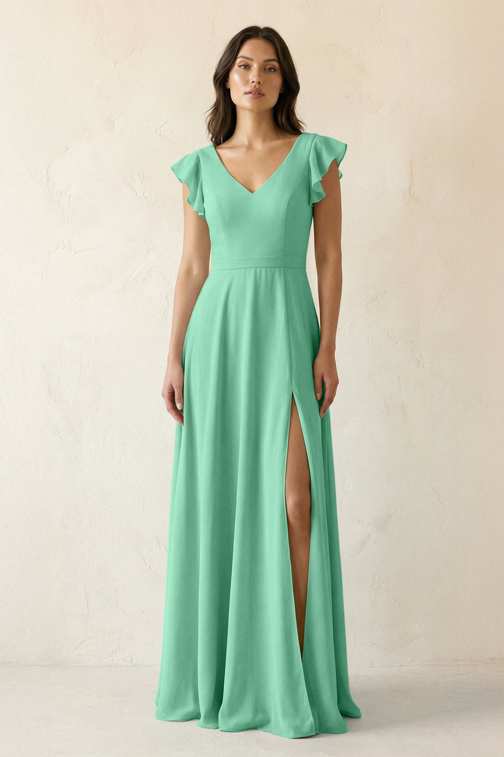 V-Neck Ruffled A-Line Chiffon Bridesmaid Dress in Turquoise