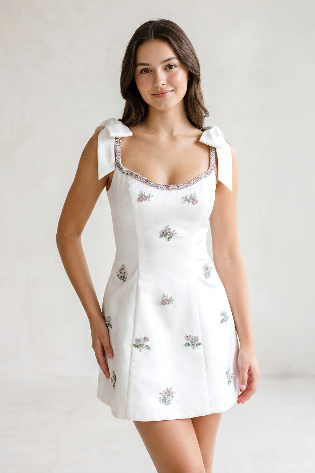 White Scoop Neck A-Line Satin Beaded Homecoming Dress with Bow