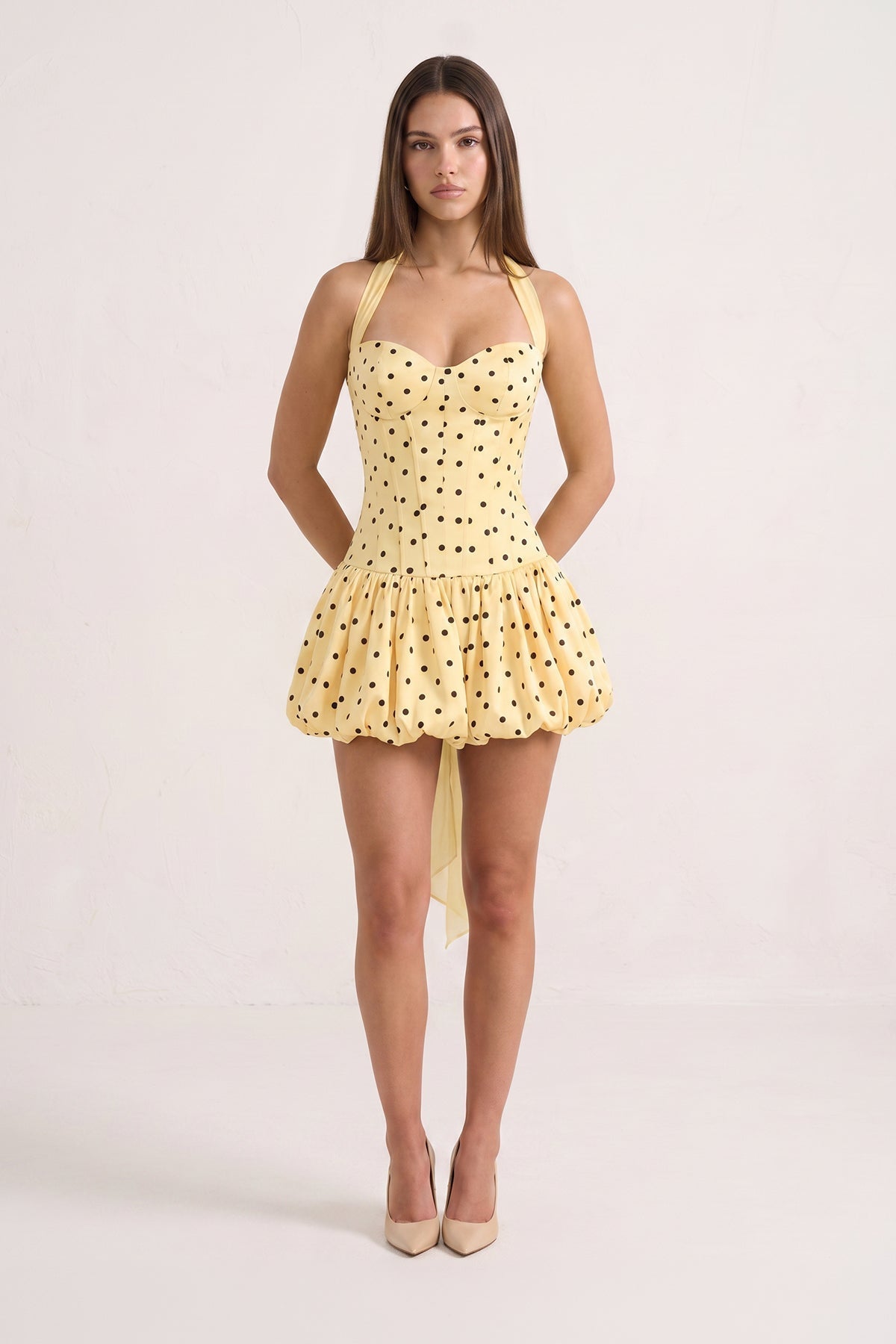 Yellow Halter A-Line Satin Polka Dots Bubble Hem Homecoming Dress